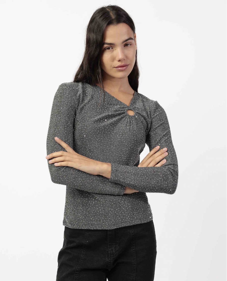 ADMAS Camiseta Asimétrica Manga Larga Gemstones para Mujer PLATA