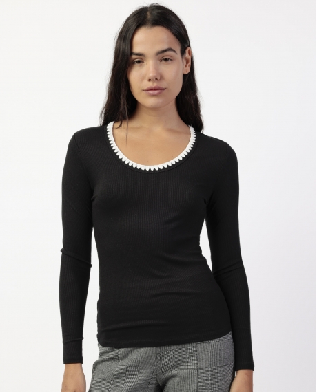 ADMAS Camiseta Manga Larga Canalé Contraste para Mujer NEGRO