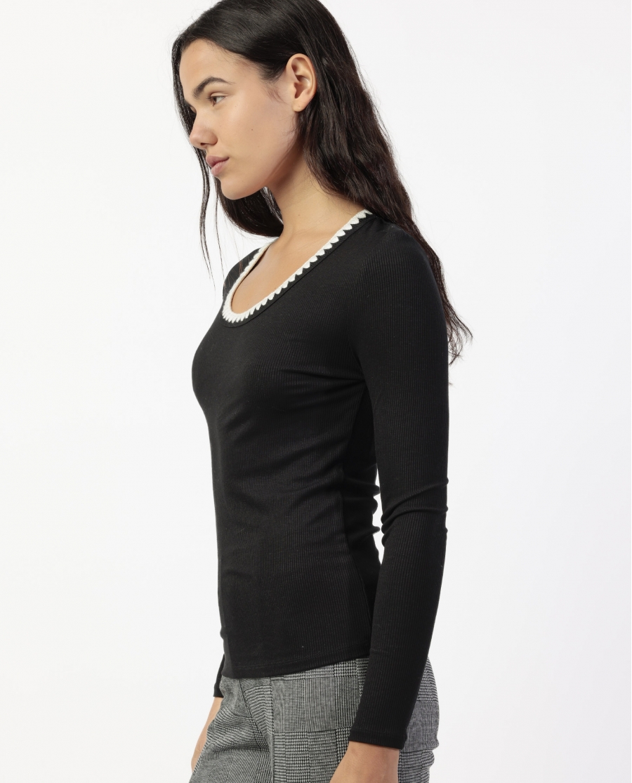 ADMAS Camiseta Manga Larga Canalé Contraste para Mujer NEGRO
