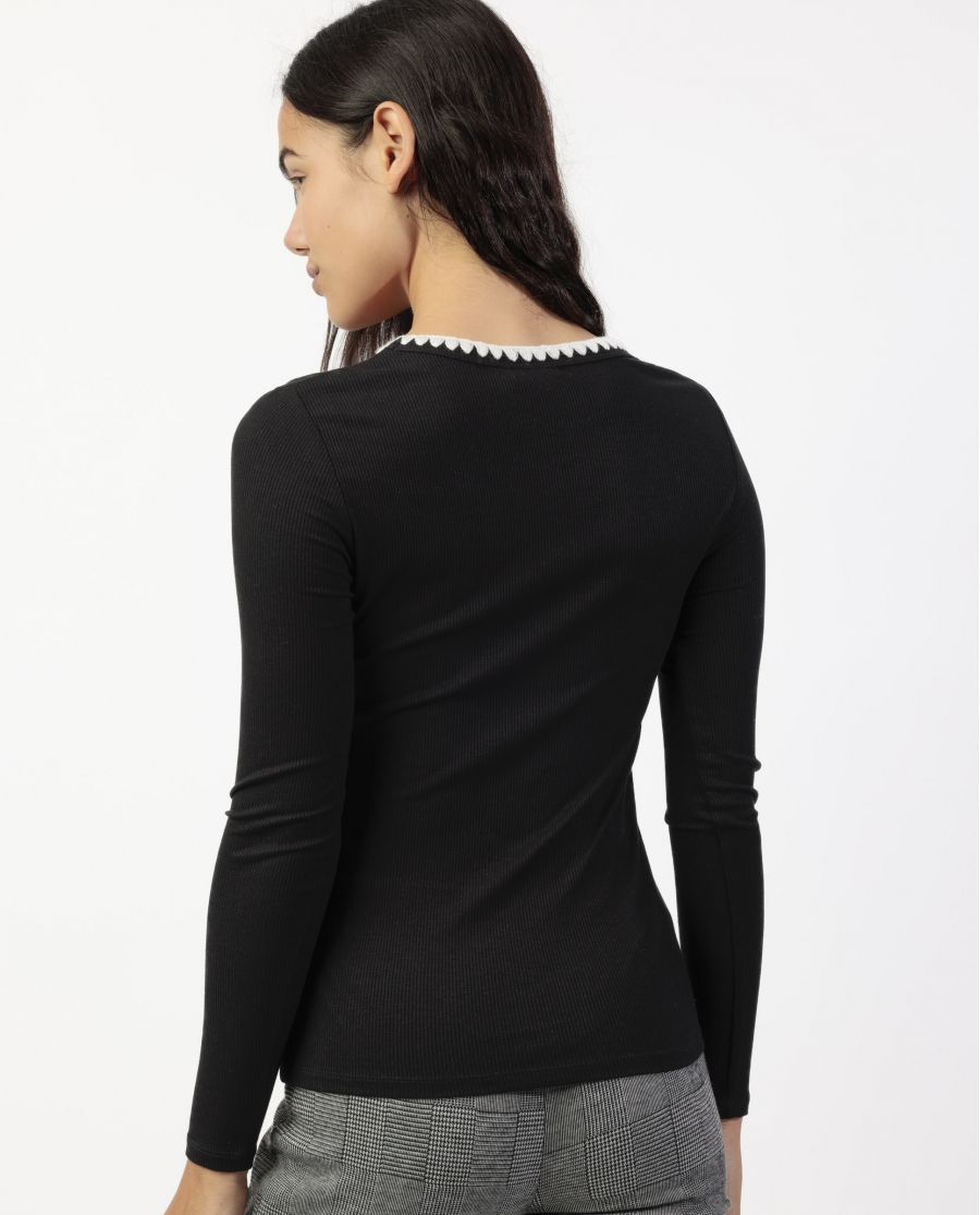 ADMAS Camiseta Manga Larga Canalé Contraste para Mujer NEGRO