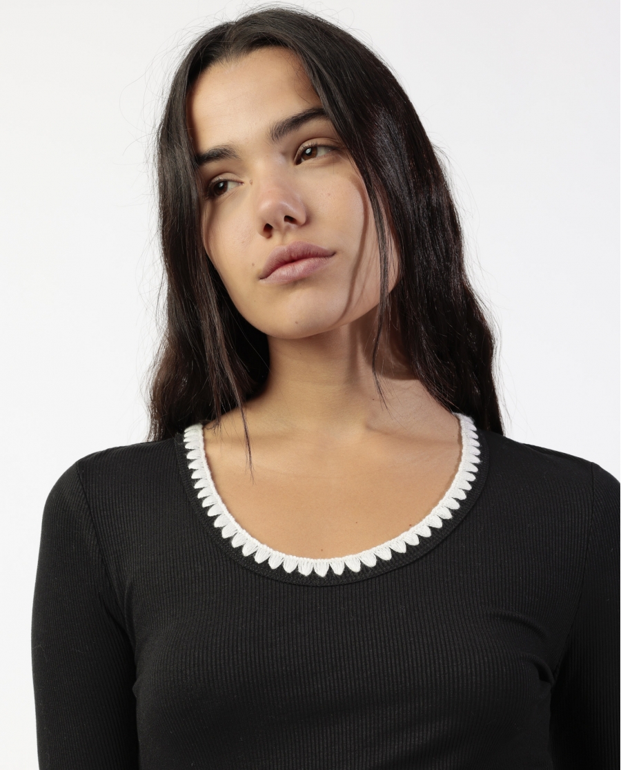 ADMAS Camiseta Manga Larga Canalé Contraste para Mujer NEGRO