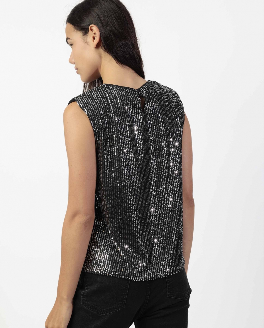 ADMAS Camiseta Sin Mangas Lentejuelas para Mujer NEGRO