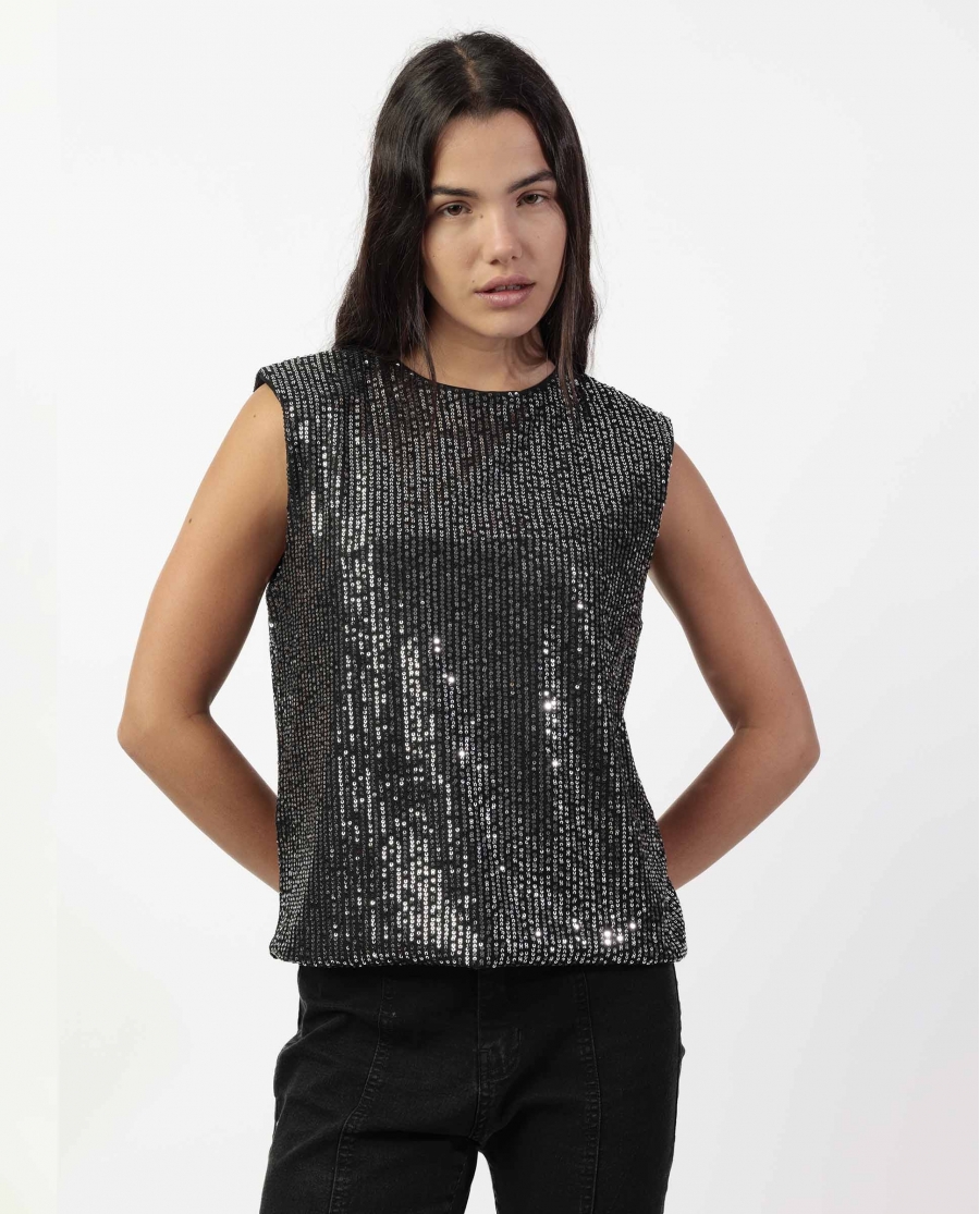 ADMAS Camiseta Sin Mangas Lentejuelas para Mujer NEGRO