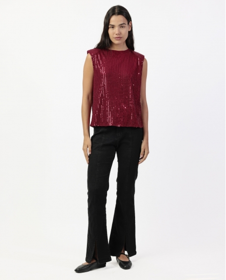ADMAS Camiseta Sin Mangas Lentejuelas para Mujer BURDEOS