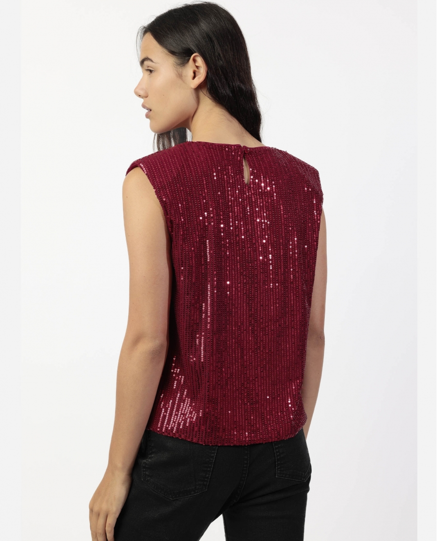 ADMAS Camiseta Sin Mangas Lentejuelas para Mujer BURDEOS