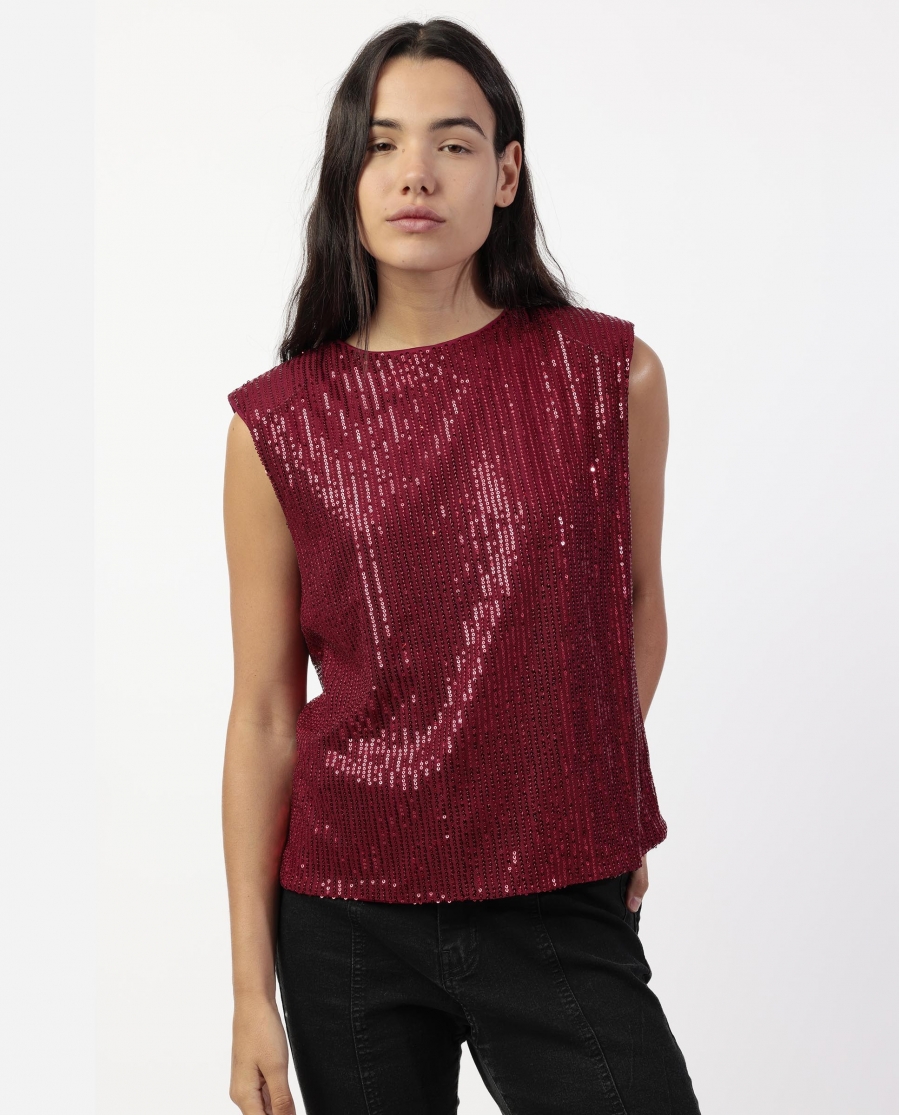 ADMAS Camiseta Sin Mangas Lentejuelas para Mujer BURDEOS