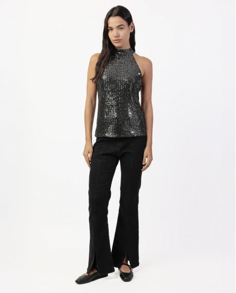 ADMAS Camiseta Halter Lentejuelas para Mujer NEGRO
