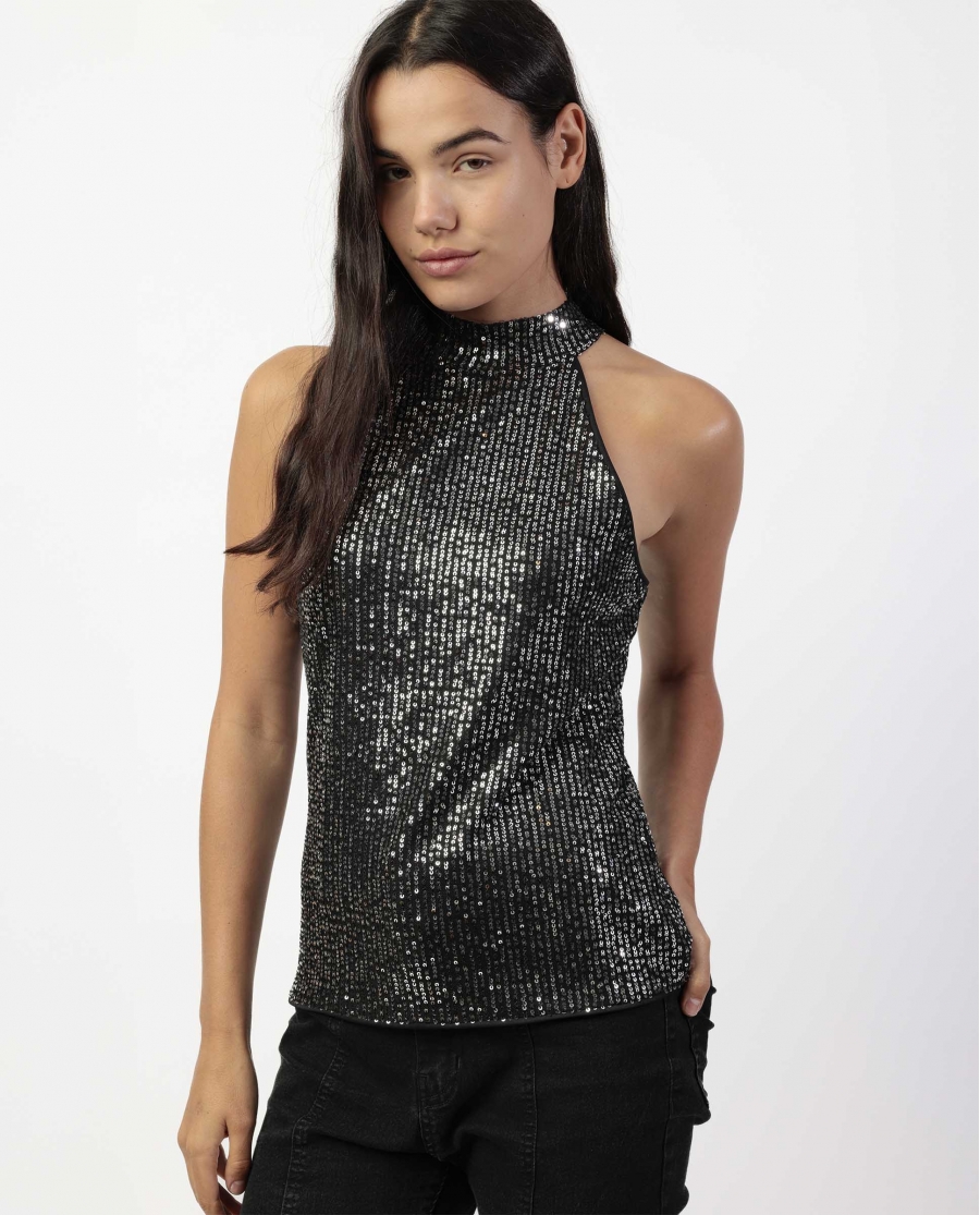 ADMAS Camiseta Halter Lentejuelas para Mujer NEGRO