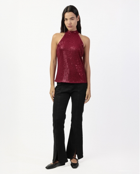ADMAS Camiseta Halter Lentejuelas para Mujer BURDEOS