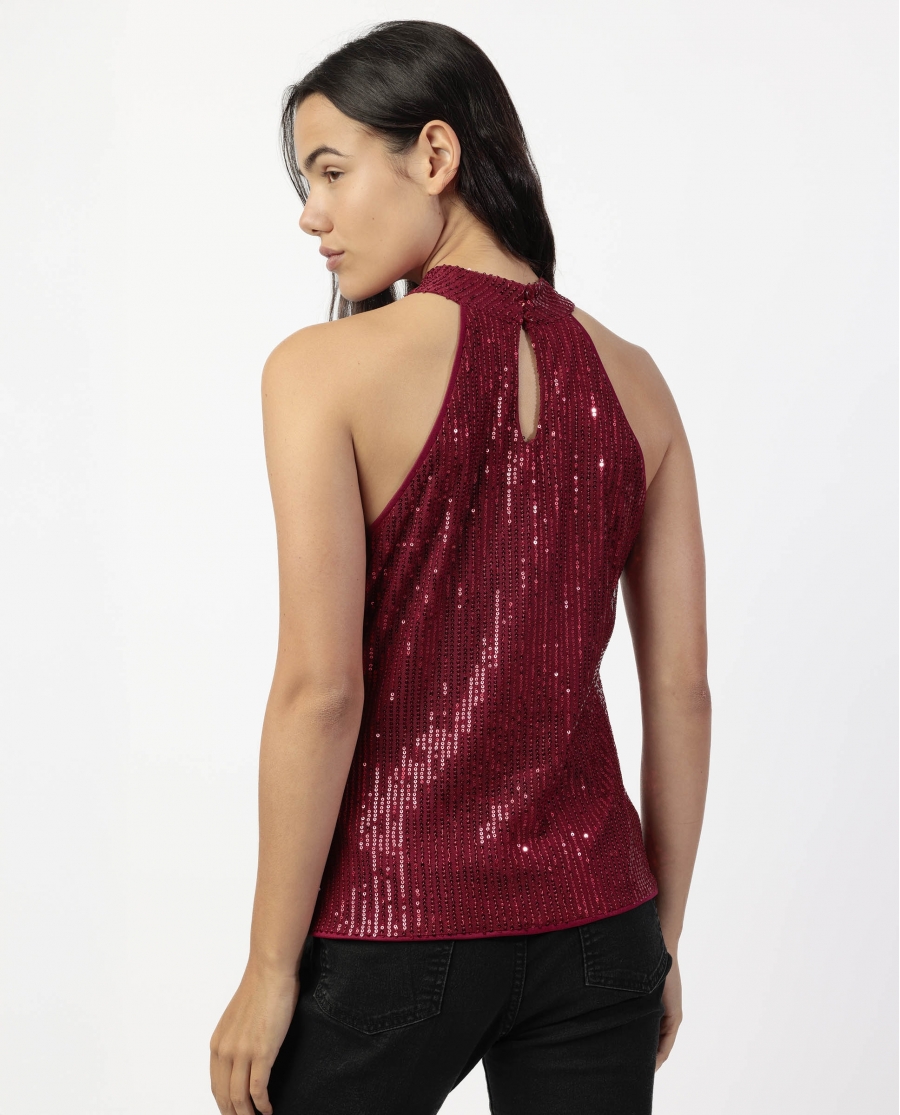 ADMAS Camiseta Halter Lentejuelas para Mujer BURDEOS