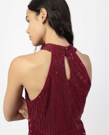 ADMAS Camiseta Halter Lentejuelas para Mujer BURDEOS 2