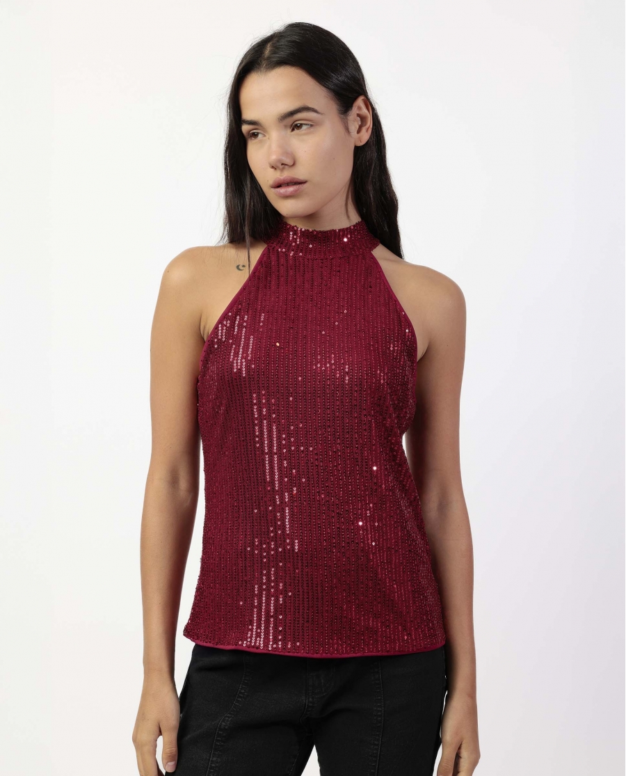 ADMAS Camiseta Halter Lentejuelas para Mujer BURDEOS