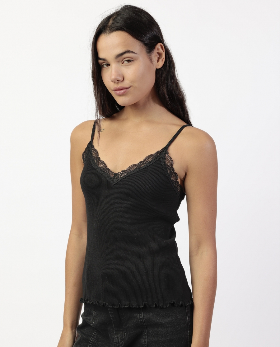 ADMAS Camiseta Tirantes Romantic Rib para Mujer NEGRO