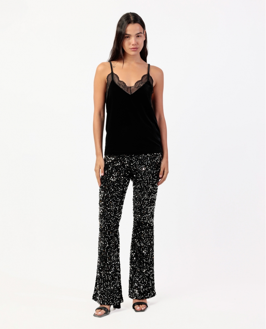 ADMAS Camiseta Tirantes Velour and Lace para Mujer NEGRO