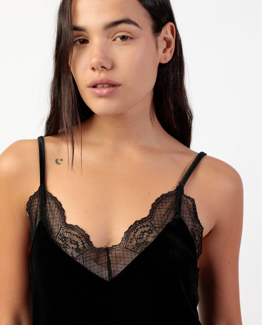 ADMAS Camiseta Tirantes Velour and Lace para Mujer NEGRO