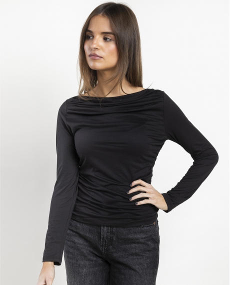 ADMAS Camiseta Manga Larga Barca Frunces para Mujer NEGRO