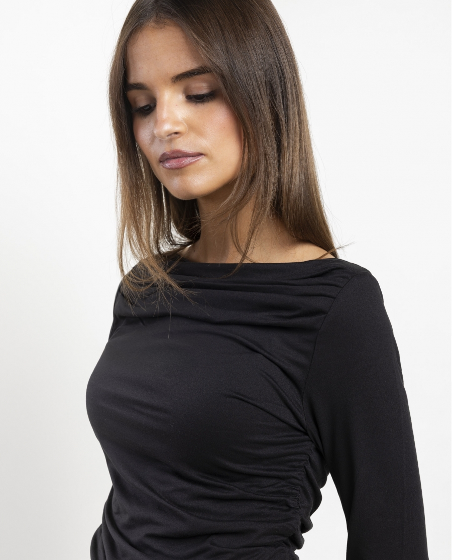 ADMAS Camiseta Manga Larga Barca Frunces para Mujer NEGRO