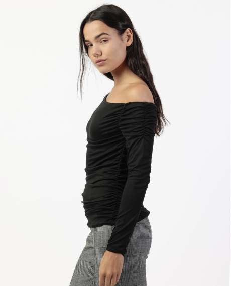 ADMAS Camiseta Manga Larga Escote Asimétrico Frunces para Mujer NEGRO 2