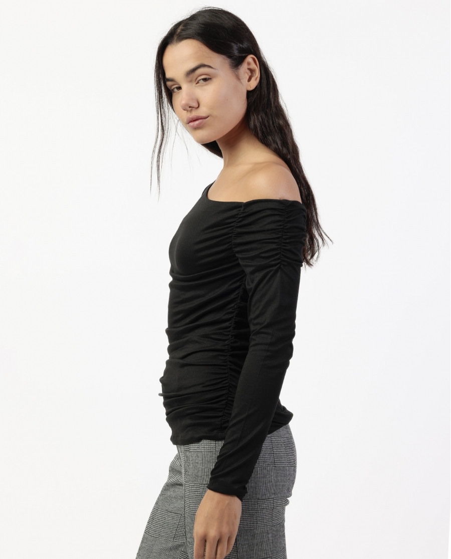 ADMAS Camiseta Manga Larga Escote Asimétrico Frunces para Mujer NEGRO