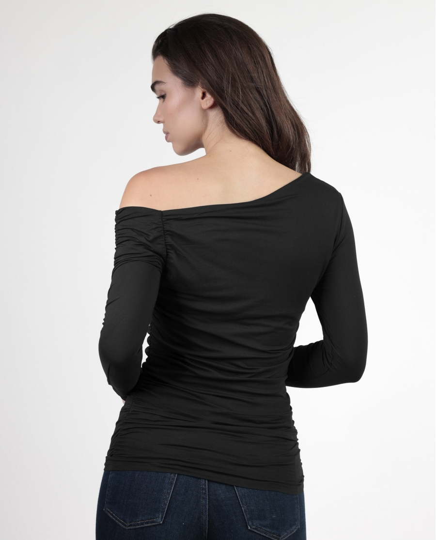 ADMAS Camiseta Manga Larga Escote Asimétrico Frunces para Mujer NEGRO