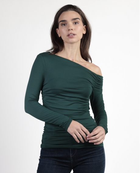 ADMAS Camiseta Manga Larga Escote Asimétrico Frunces para Mujer VERDE