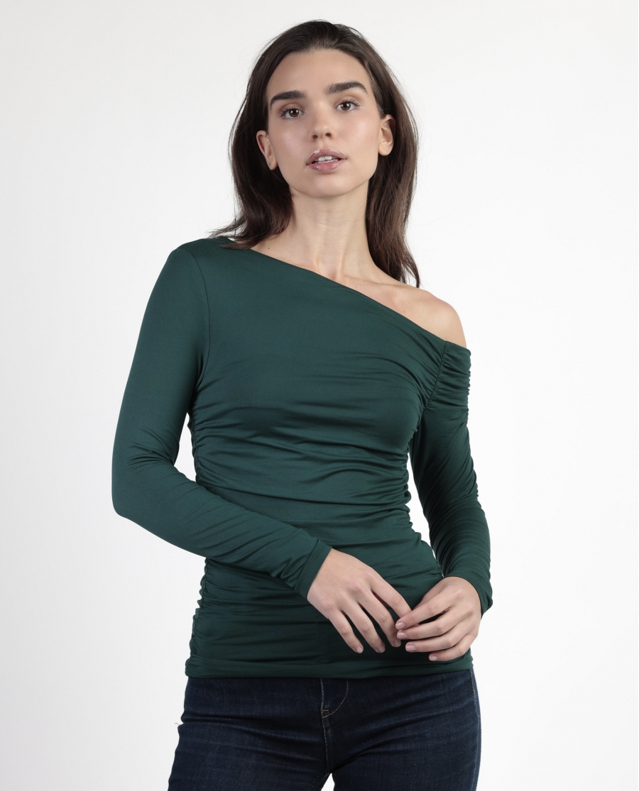 ADMAS Camiseta Manga Larga Escote Asimétrico Frunces para Mujer VERDE