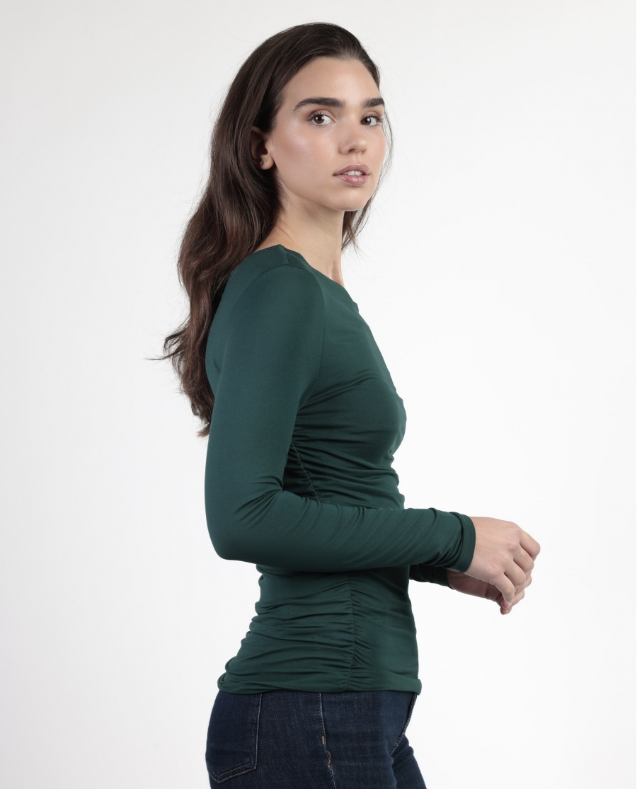 ADMAS Camiseta Manga Larga Escote Asimétrico Frunces para Mujer VERDE