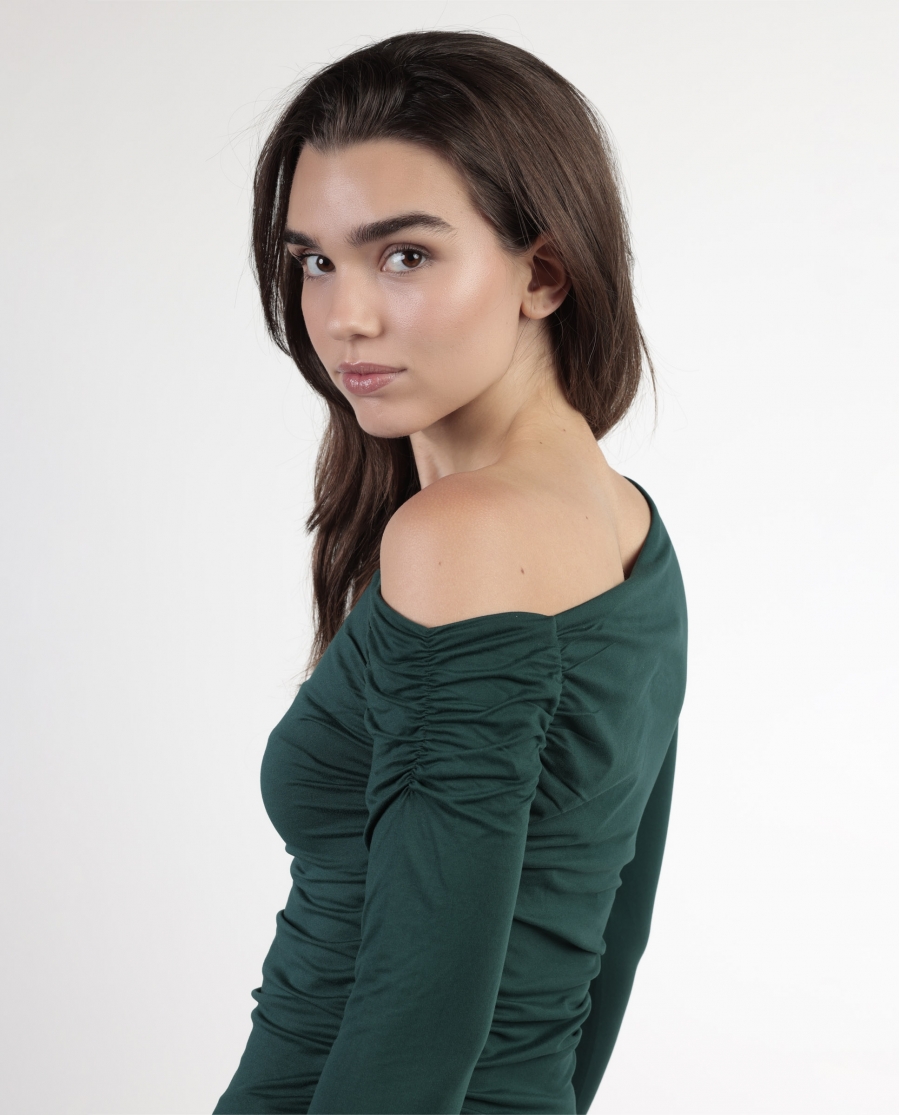 ADMAS Camiseta Manga Larga Escote Asimétrico Frunces para Mujer VERDE