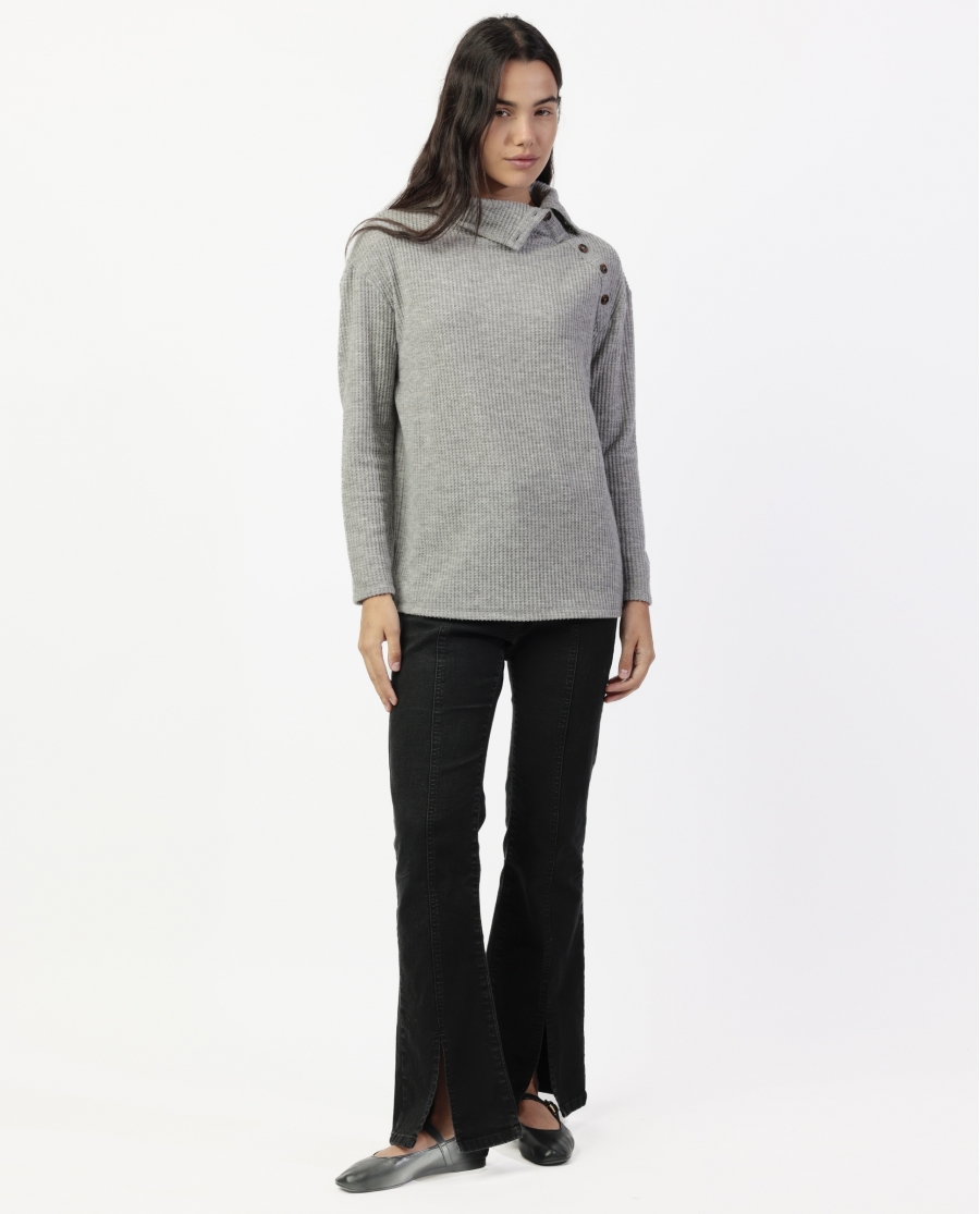ADMAS Camiseta Manga Larga Neck Buttons para Mujer PERLA