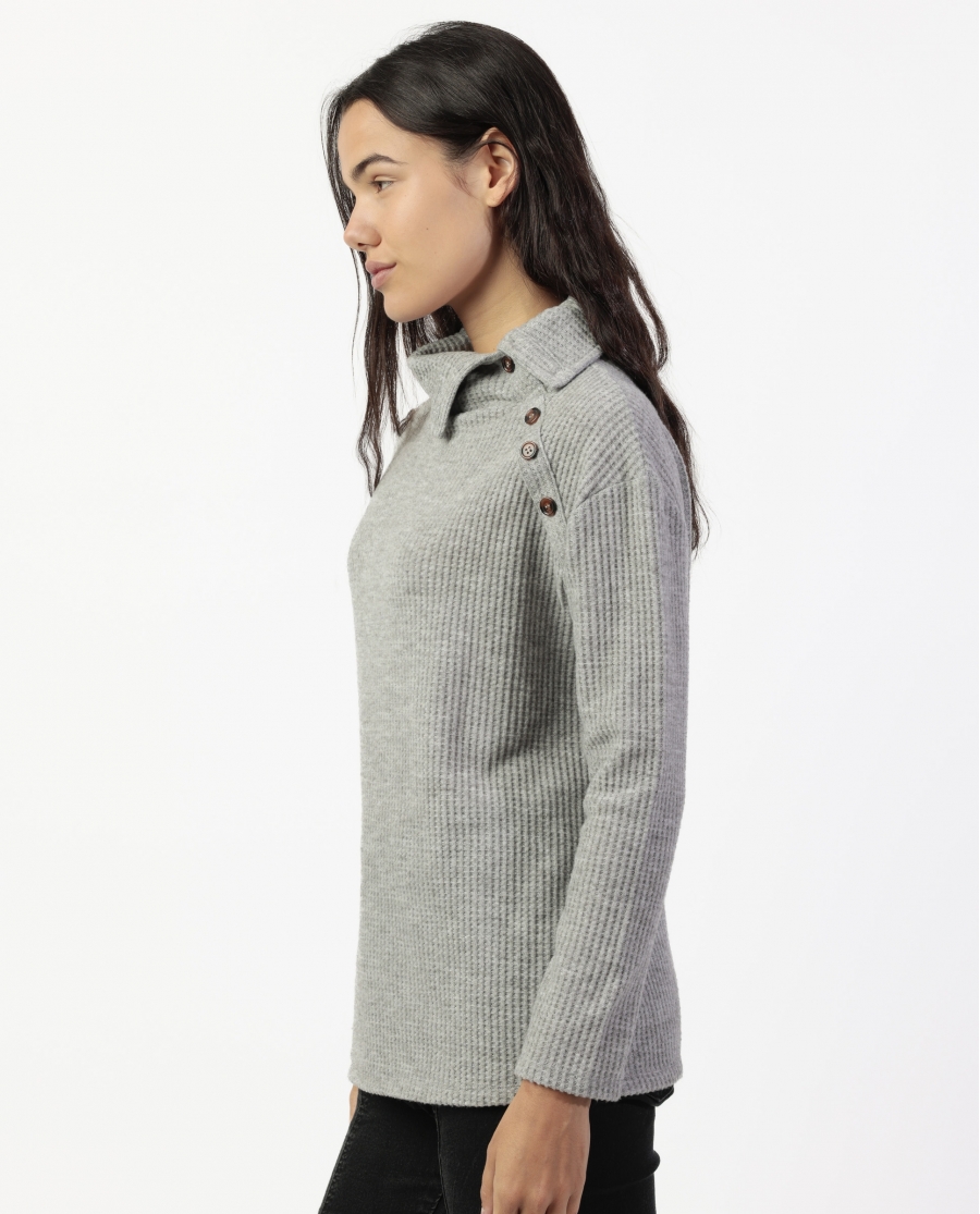 ADMAS Camiseta Manga Larga Neck Buttons para Mujer PERLA