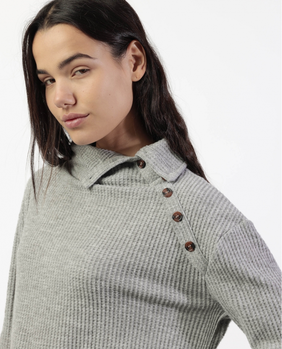 ADMAS Camiseta Manga Larga Neck Buttons para Mujer PERLA