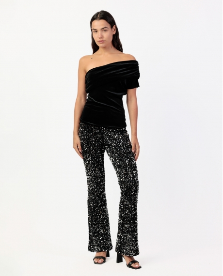 ADMAS Top Asimétrico Velour and Lace para Mujer NEGRO