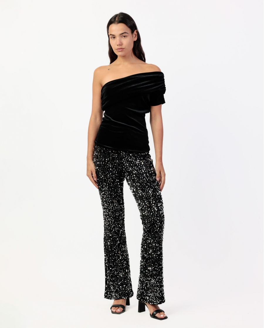ADMAS Top Asimétrico Velour and Lace para Mujer NEGRO