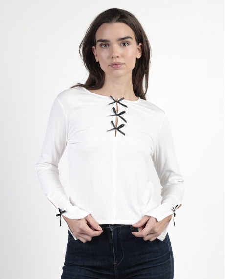 ADMAS Camiseta Manga Larga Lacitos para Mujer BLANCO