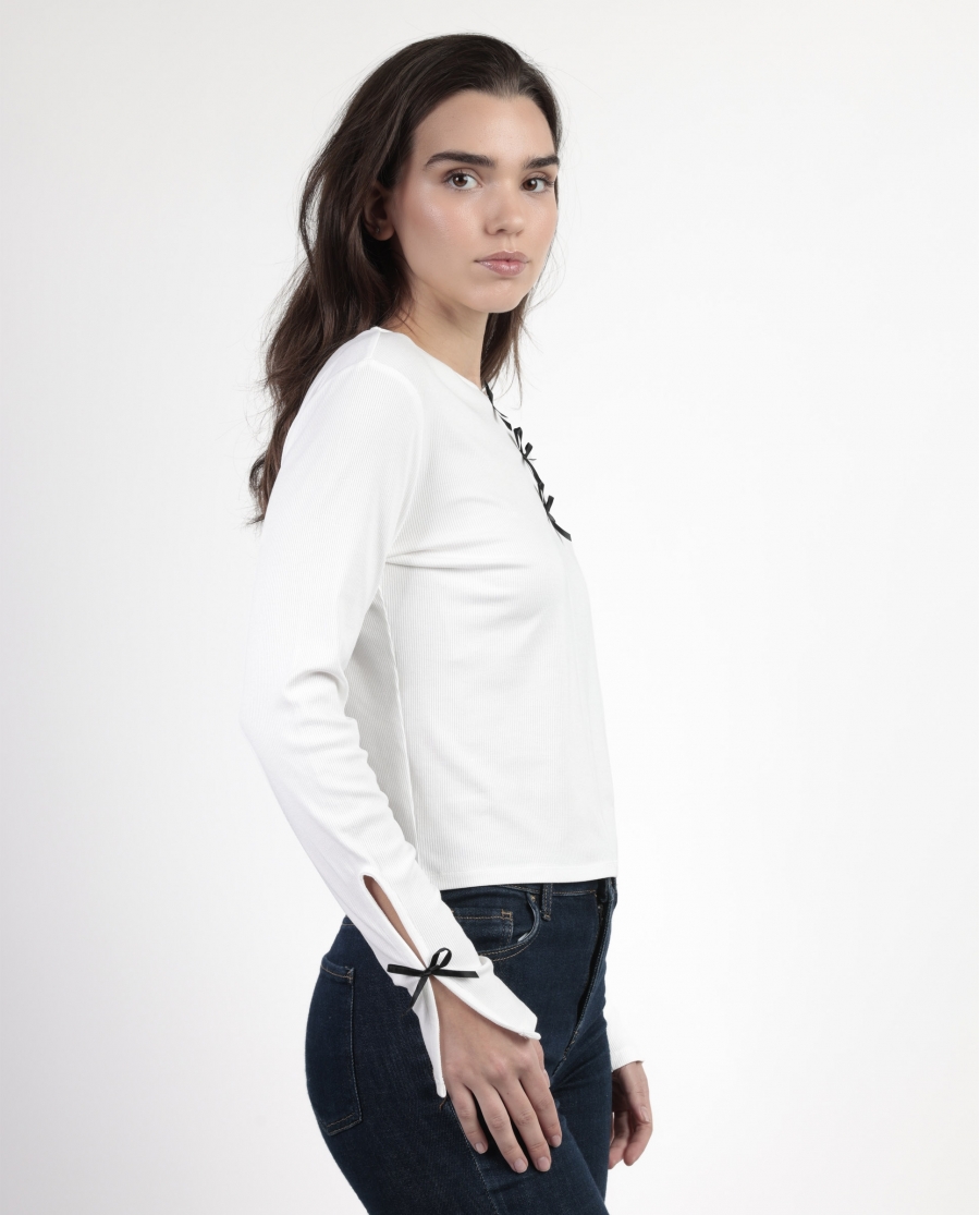 ADMAS Camiseta Manga Larga Lacitos para Mujer BLANCO