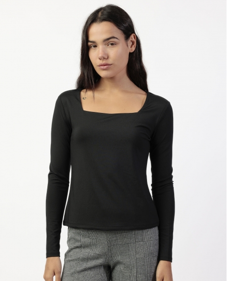 ADMAS Camiseta Manga Larga Escote Cuadrado para Mujer NEGRO