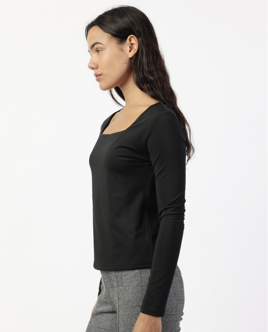 ADMAS Camiseta Manga Larga Escote Cuadrado para Mujer NEGRO