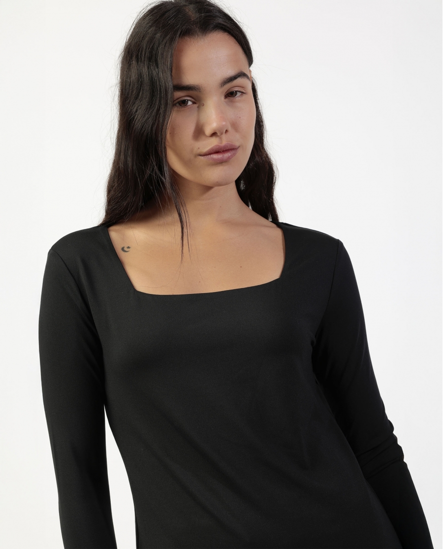 ADMAS Camiseta Manga Larga Escote Cuadrado para Mujer NEGRO