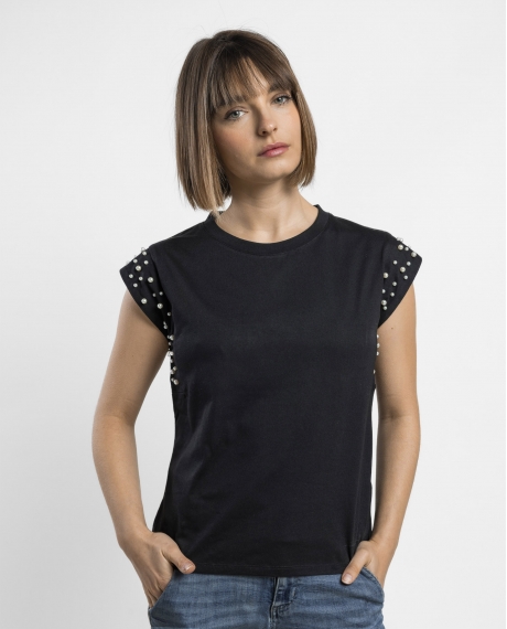 ADMAS Camiseta Manga Corta Pearls para Mujer NEGRO