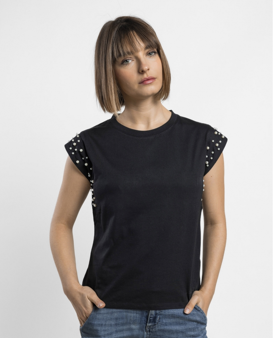 ADMAS Camiseta Manga Corta Pearls para Mujer NEGRO