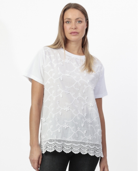 ADMAS Camiseta Manga Corta Guipur & Embroidery para Mujer BLANCO