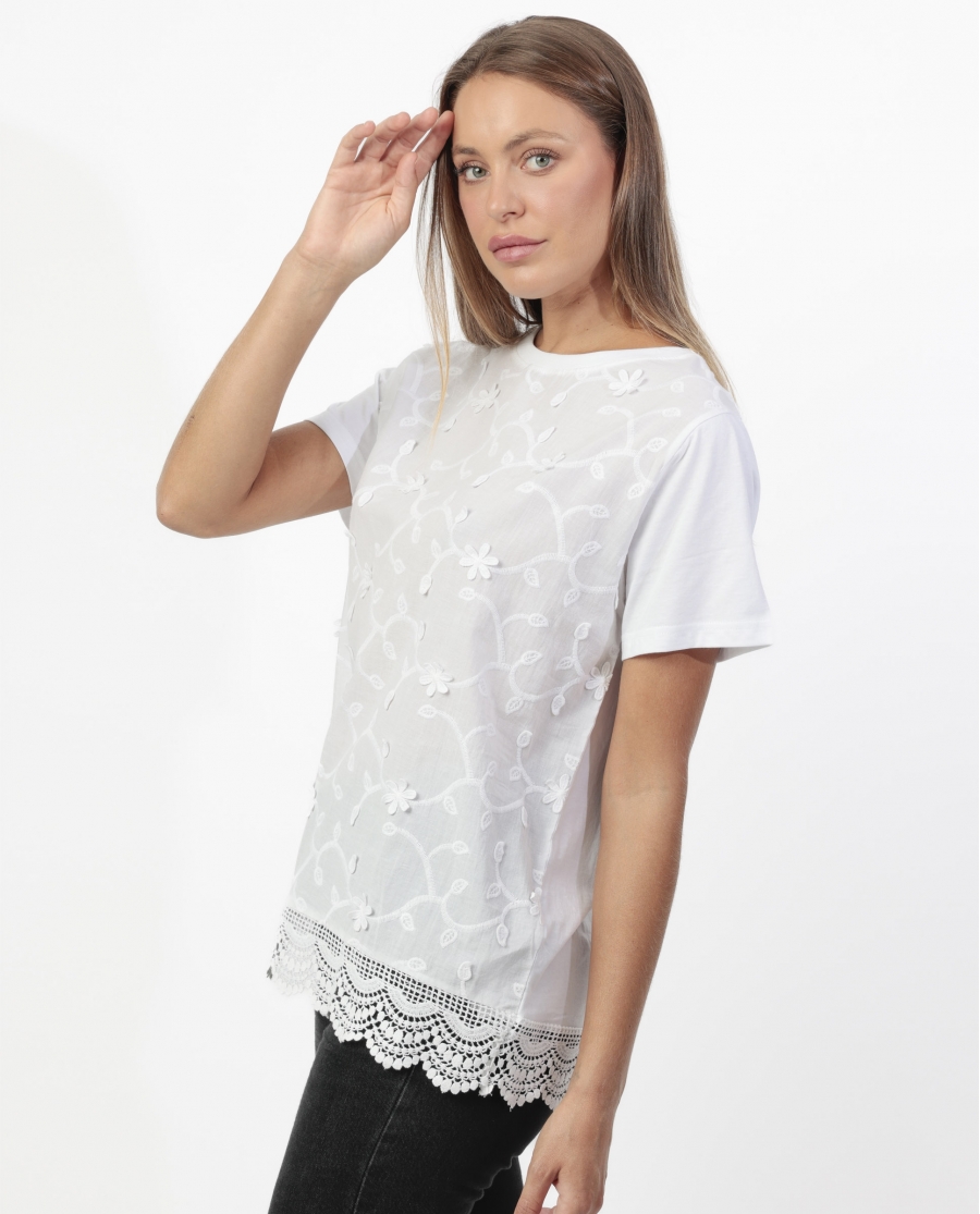 ADMAS Camiseta Manga Corta Guipur & Embroidery para Mujer BLANCO
