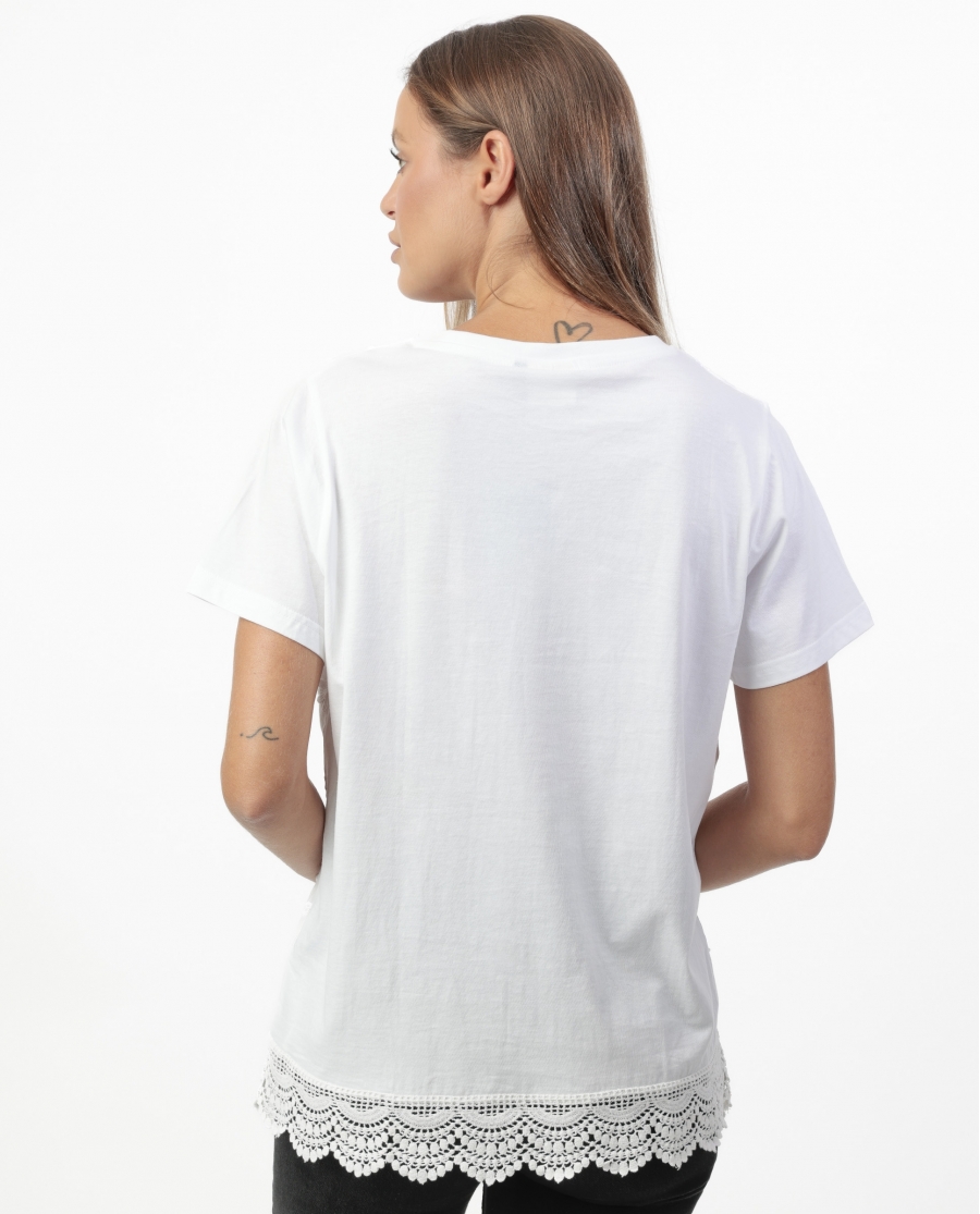 ADMAS Camiseta Manga Corta Guipur & Embroidery para Mujer BLANCO