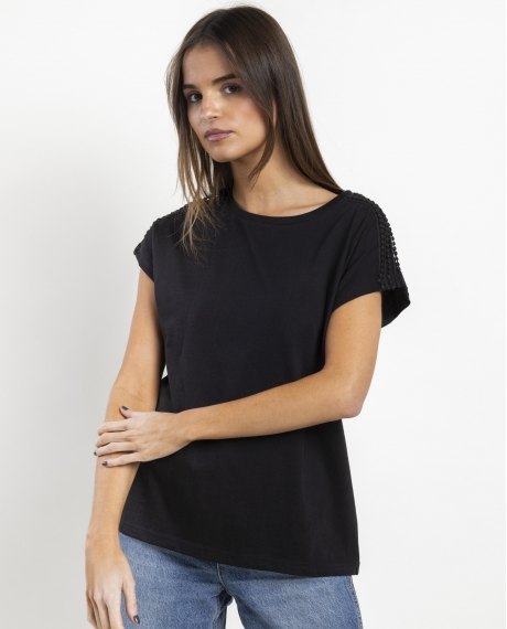 ADMAS Camiseta Manga Corta Shoulders Bands para Mujer NEGRO