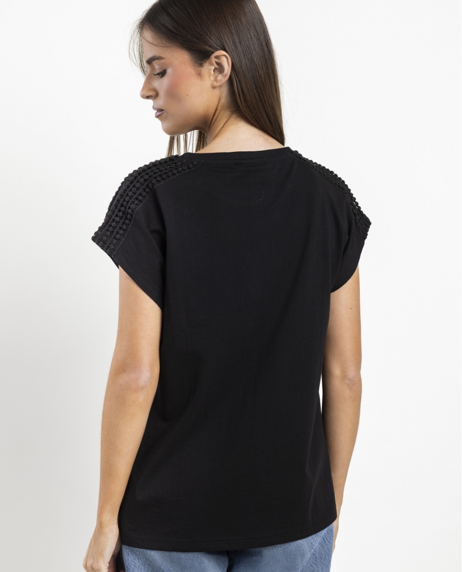 ADMAS Camiseta Manga Corta Shoulders Bands para Mujer NEGRO
