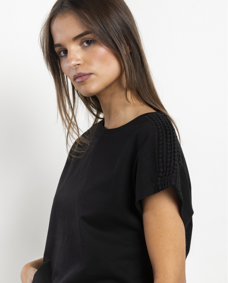 ADMAS Camiseta Manga Corta Shoulders Bands para Mujer NEGRO