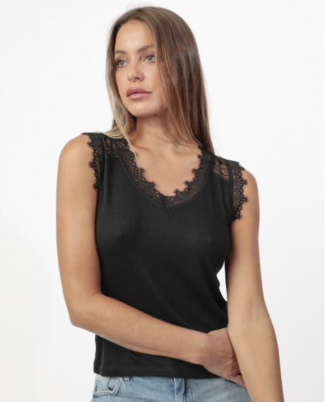 ADMAS Camiseta Manga Corta Laced Cleavage para Mujer NEGRO