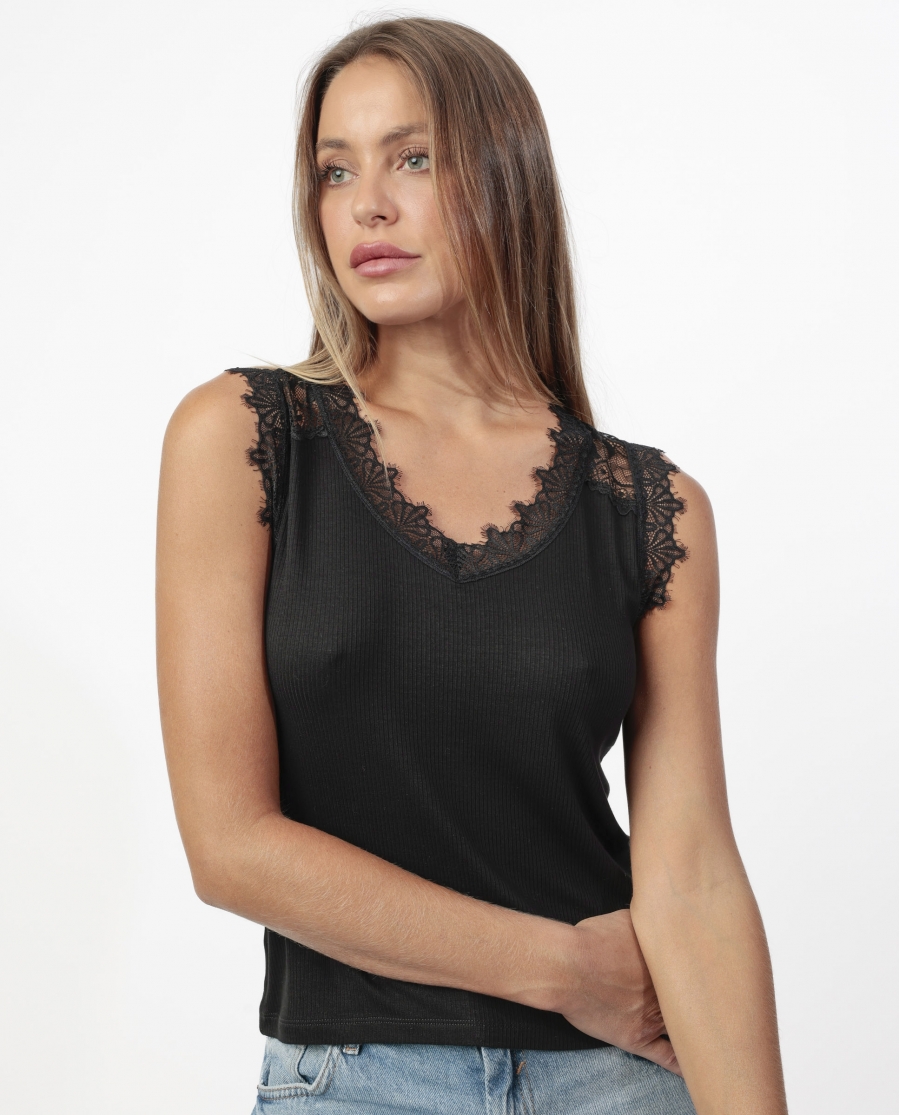 ADMAS Camiseta Manga Corta Laced Cleavage para Mujer NEGRO