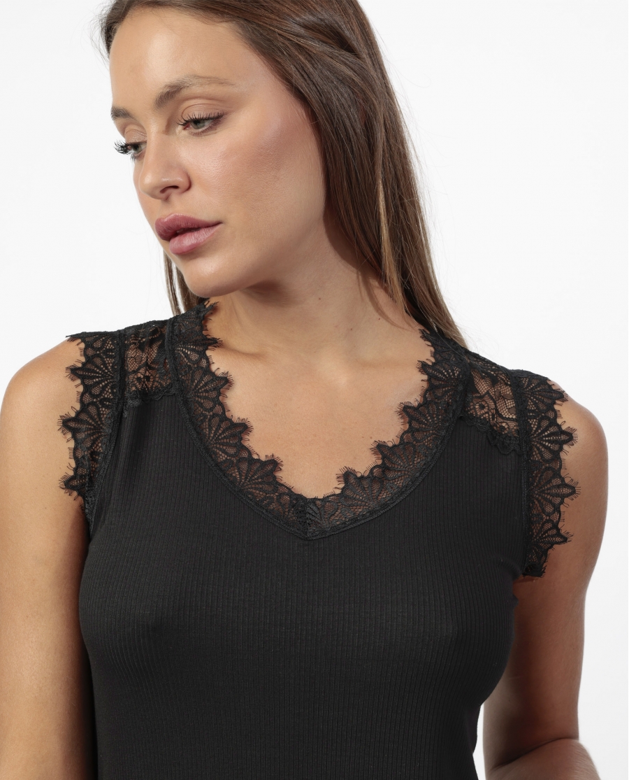 ADMAS Camiseta Manga Corta Laced Cleavage para Mujer NEGRO