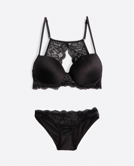 ADMAS Conjunto Sujetador Push Up y Braguita Ondas para Mujer NEGRO